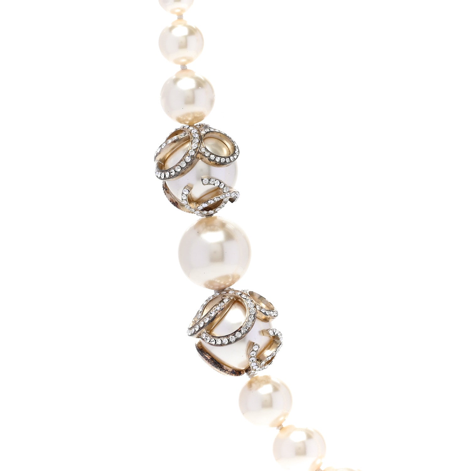Chanel Pearl Crystal CC Long Necklace Gold Pearly White 4 of 6
