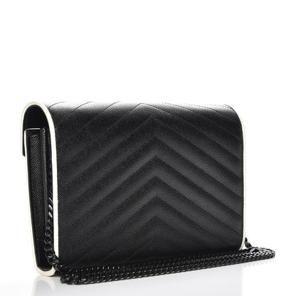 Saint Laurent Grain De Poudre Matelasse Chevron Monogram Chain Wallet Black White 3 of 8