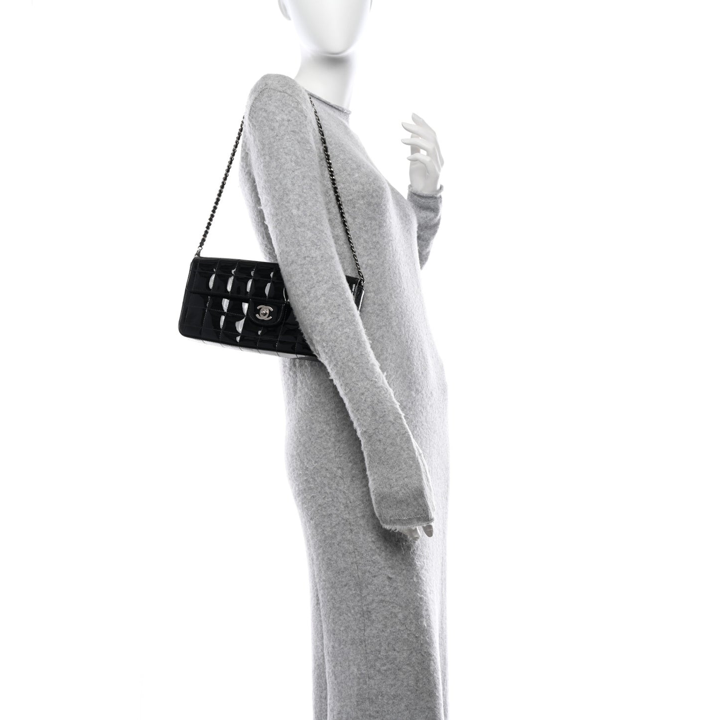 Patent Quilted East West Chocolate Bar Flap Black