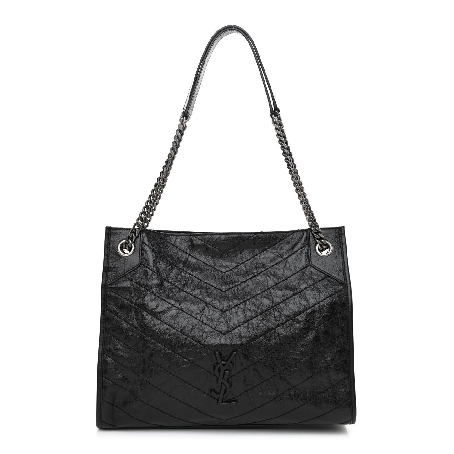 Crinkled Calfskin Matelasse Monogram Medium Niki Shopper Tote Black