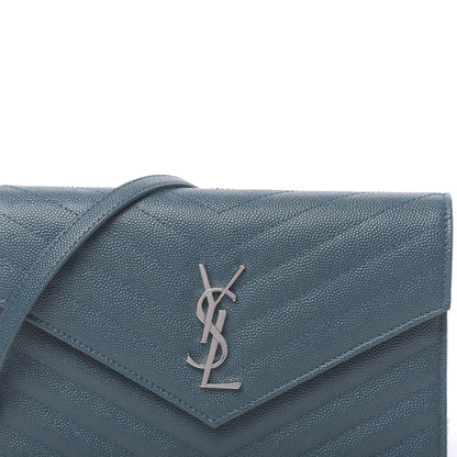 Saint Laurent Grain De Poudre Matelasse Chevron Monogram Envelope Chain Wallet Peacock Green 9 of 12
