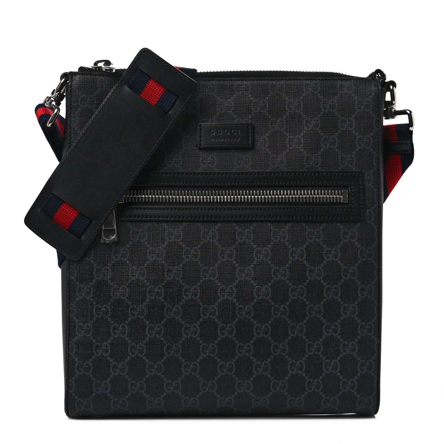 GG Supreme Monogram Appia Calfskin Web Flat Messenger Bag Black Grey
