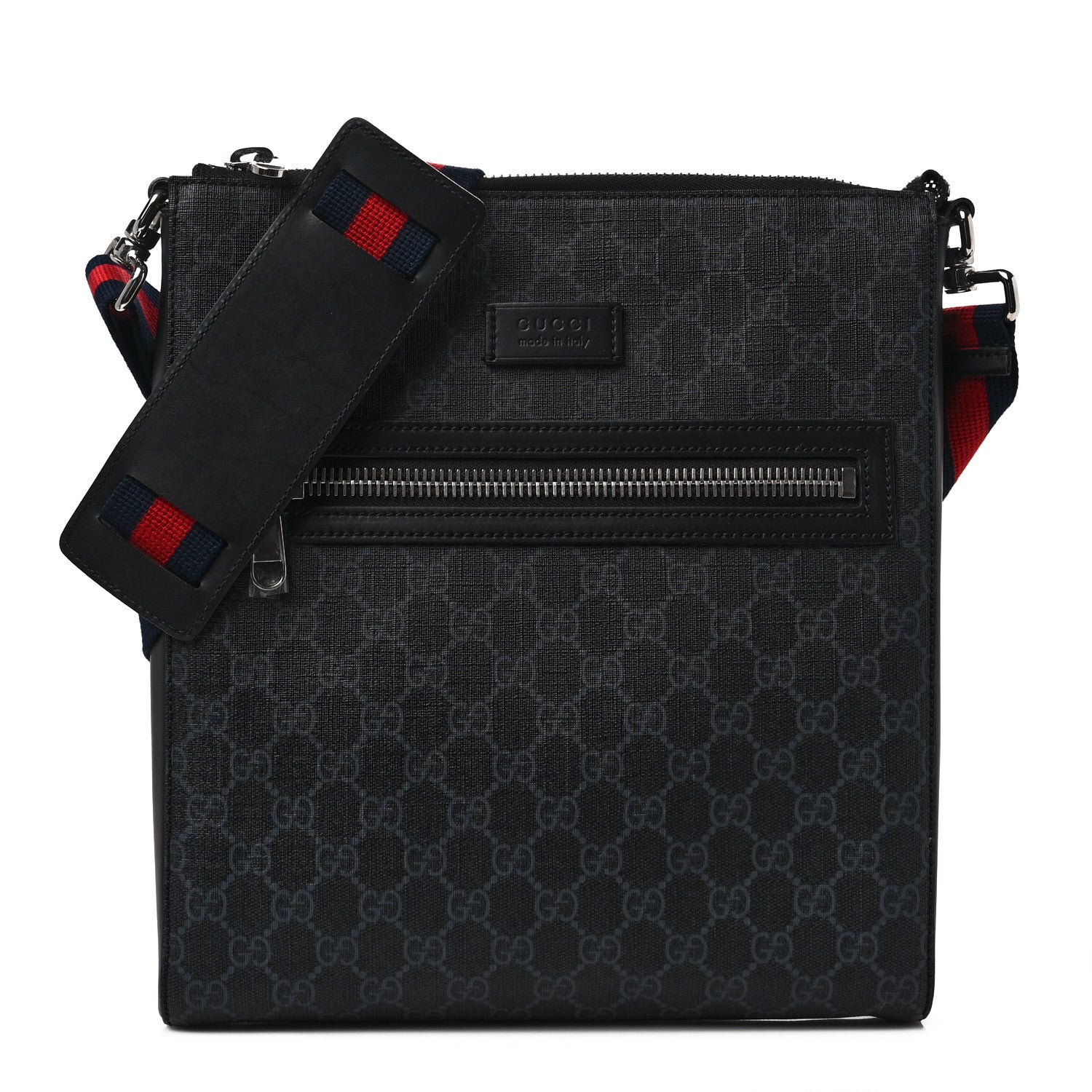 Gucci GG Supreme Monogram Appia Calfskin Web Flat Messenger Bag Black Grey 1 of 9