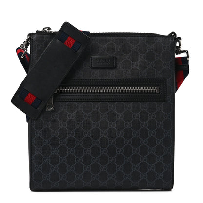 Gucci GG Supreme Monogram Appia Calfskin Web Flat Messenger Bag Black Grey 1 of 9