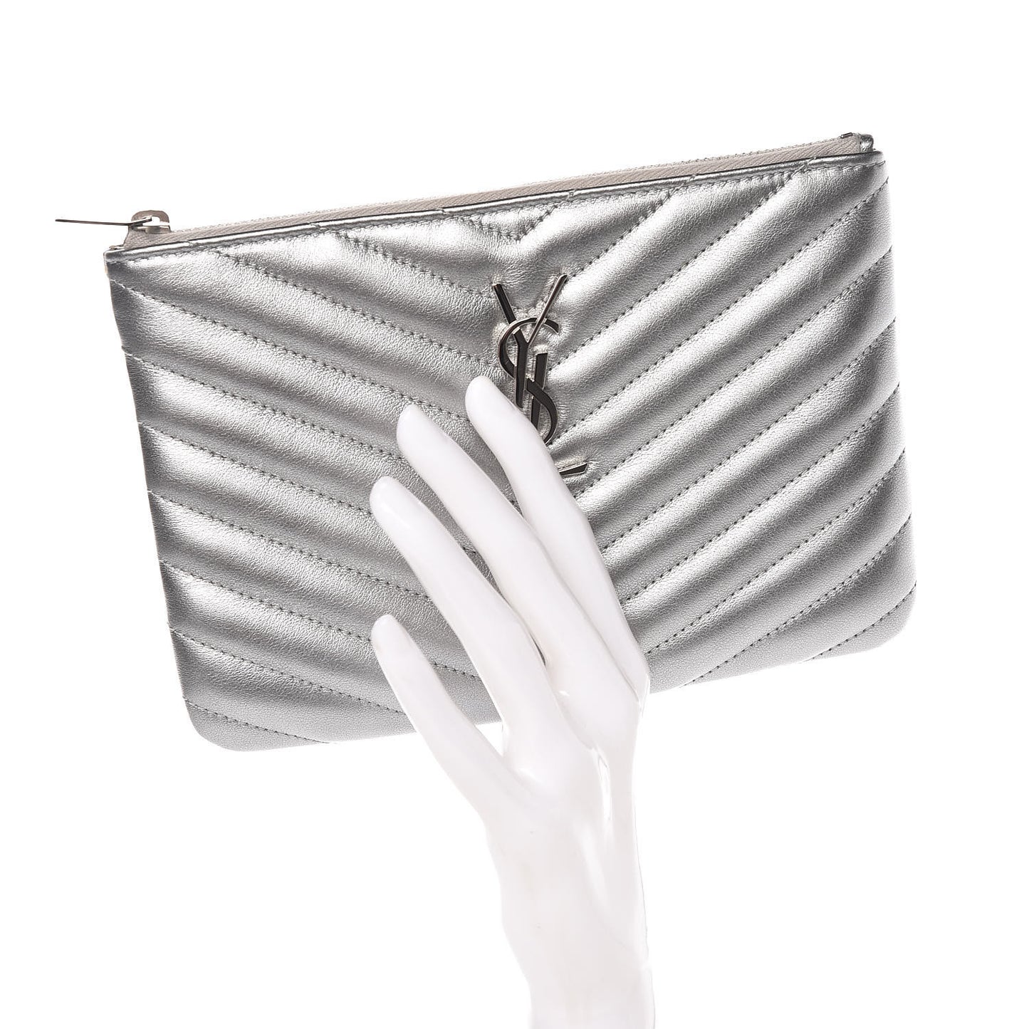 Metallic Calfskin Matelasse Chevron Monogram Pouch Silver
