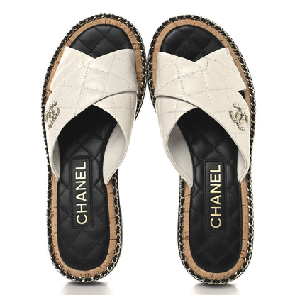 Chanel Shiny Lambskin Quilted  Metal Chain CC Sandals 36 White 2 of 10