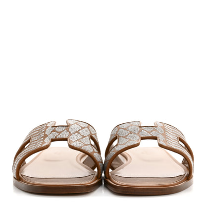 Hermes Embroidered Calfskin Oran Sandals 38 Naturel Gris Argente 3 of 10