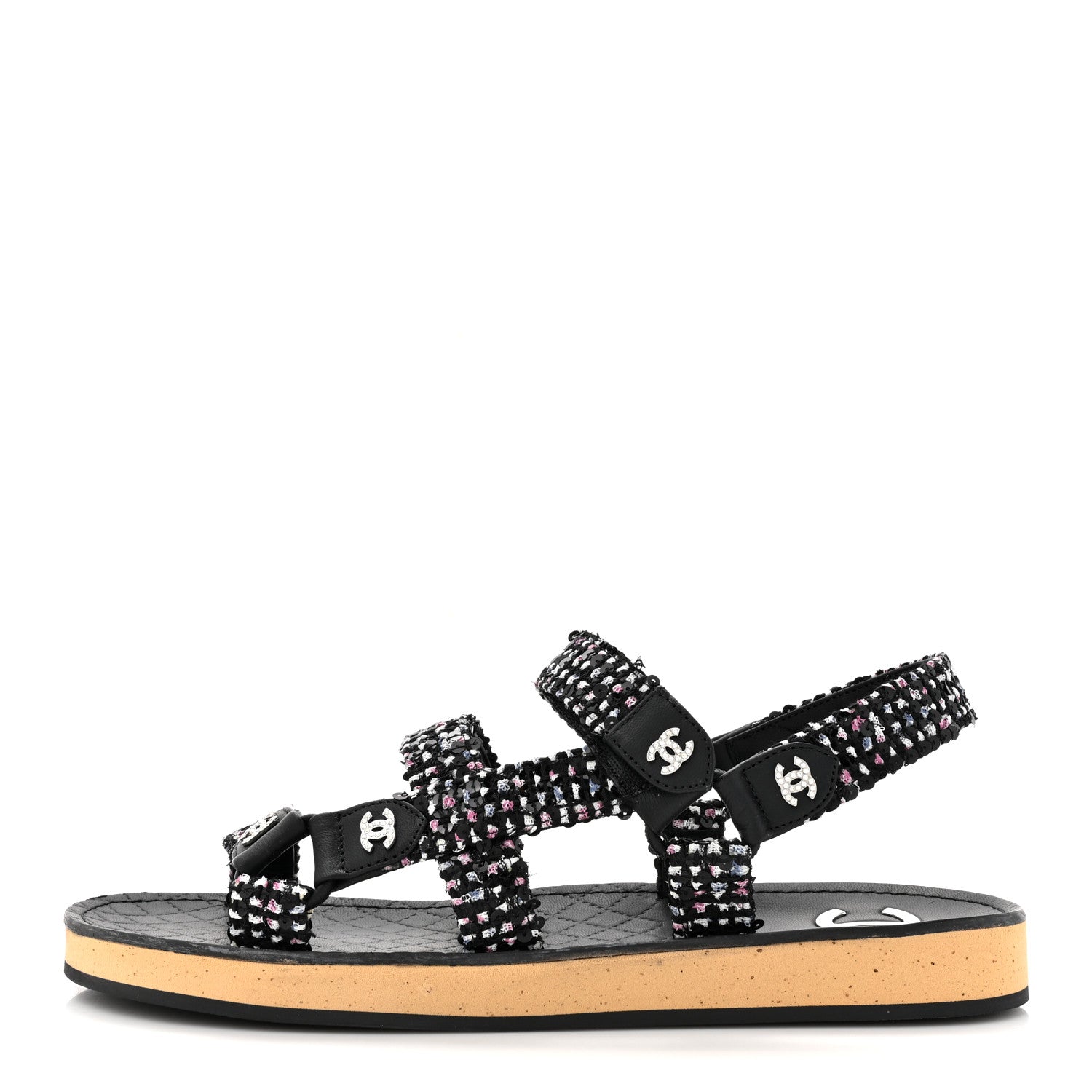 Chanel Glittered Tweed Lambskin Dad Sandals 39.5 Black White 1 of 9