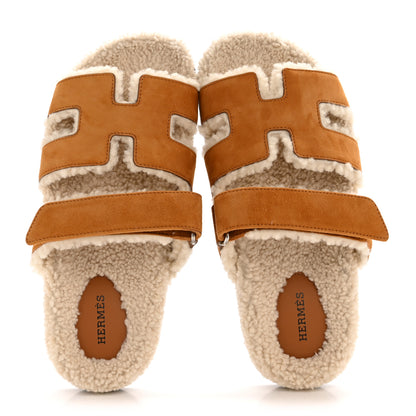 Hermes Suede Goatskin Woolskin Womens Chypre Sandals 39 Brun Fume Ecru 2 of 10