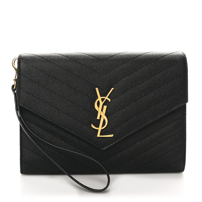 Saint Laurent Grain De Poudre Matelasse Chevron Monogram Envelope Clutch Black 1 of 8