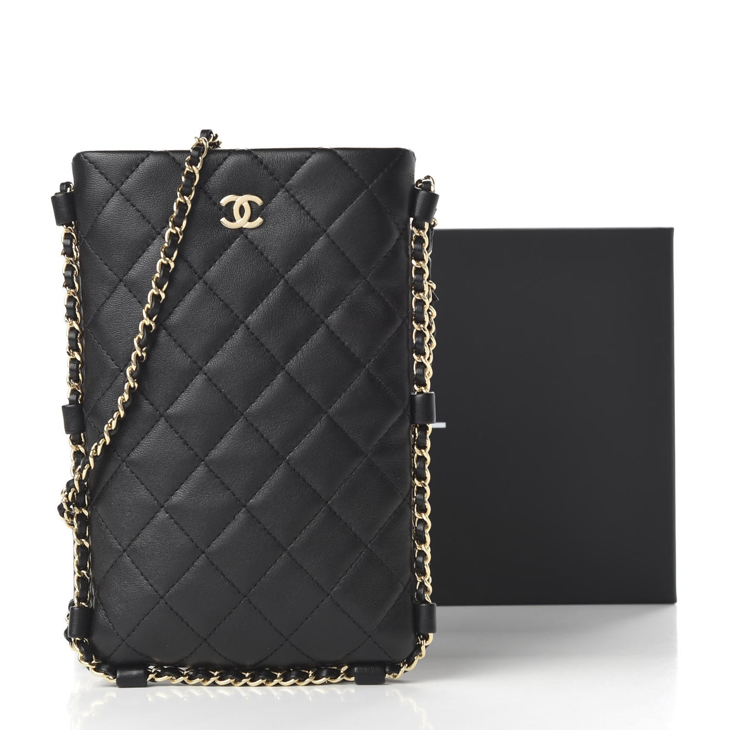 Lambskin Quilted Chain Around Phone Holder Black