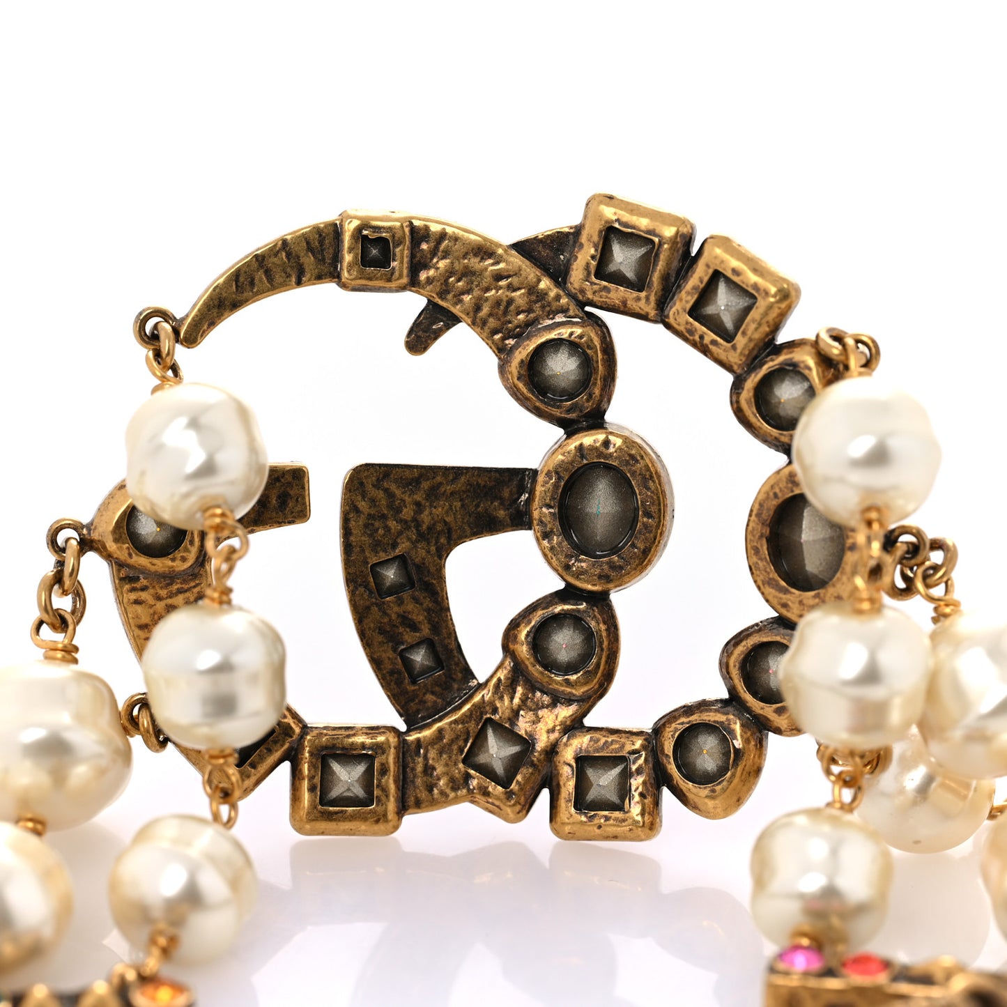 Metal Crystal Pearl Double G Bracelet Aged Gold Multicolor