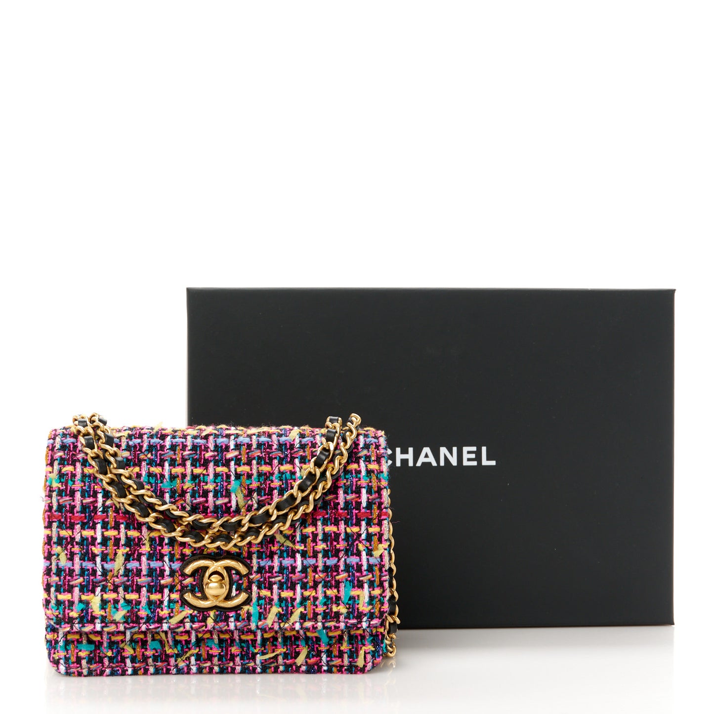 Tweed Quilted CC Mini Wallet On Chain WOC Pink Multicolor