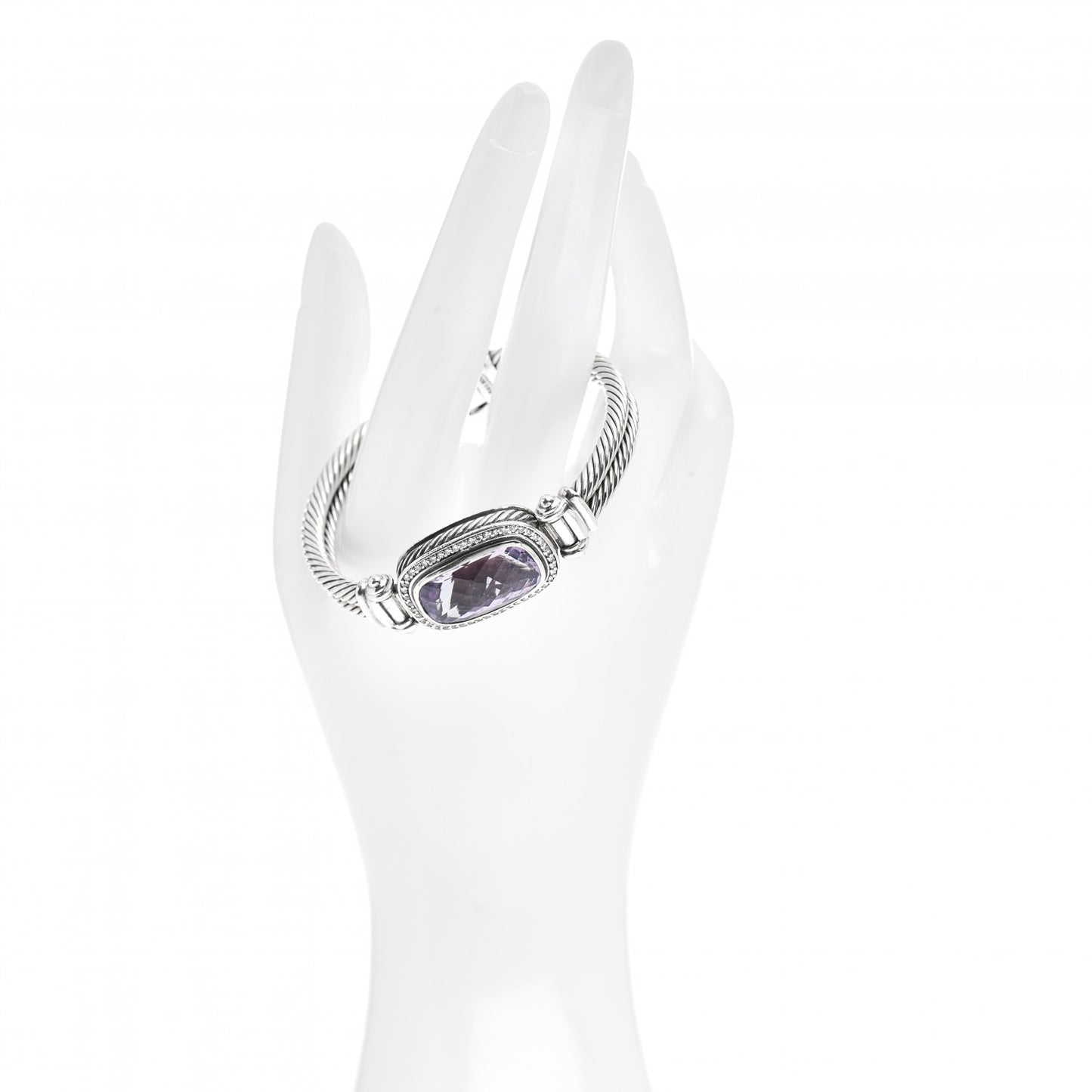 Sterling Silver Diamond Amethyst Elongated Albion Cable Bracelet
