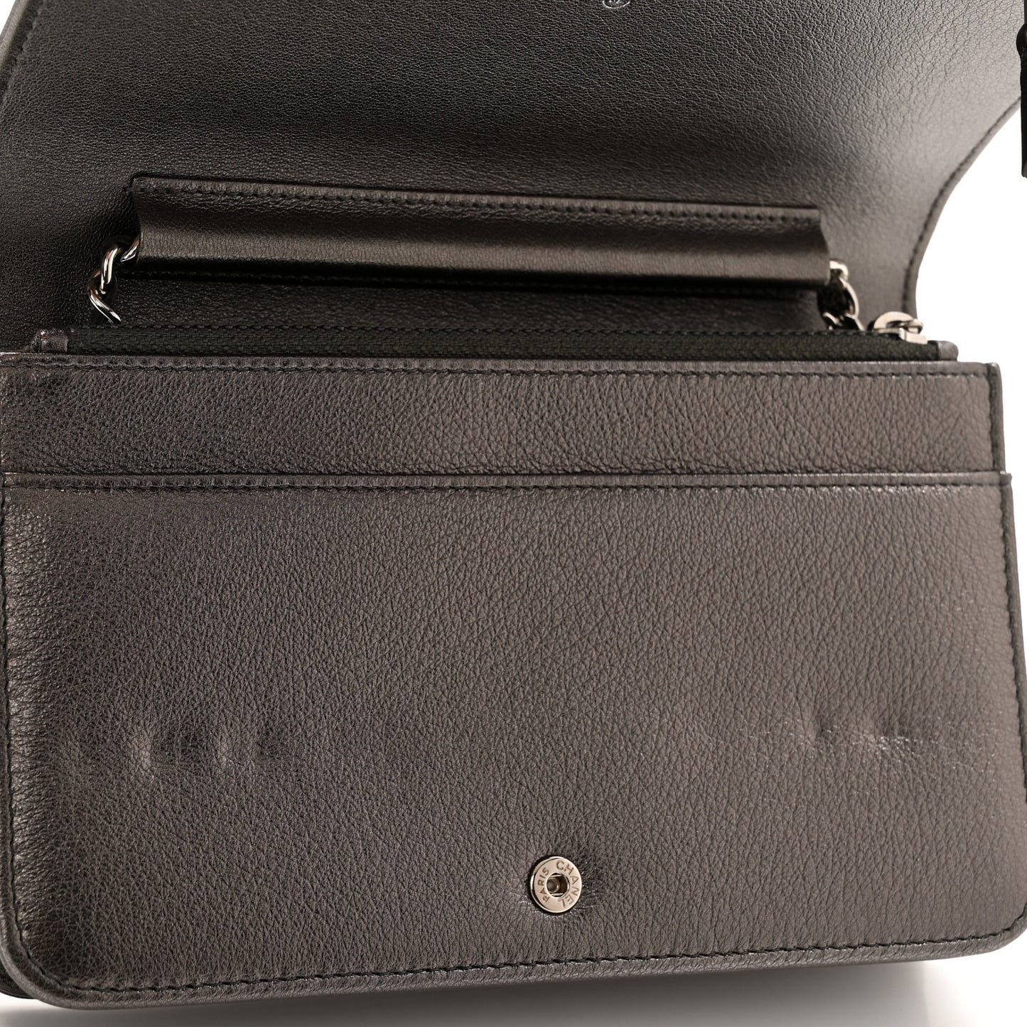 Metallic Goatskin Quilted Diamond CC Wallet On Chain WOC Pewter