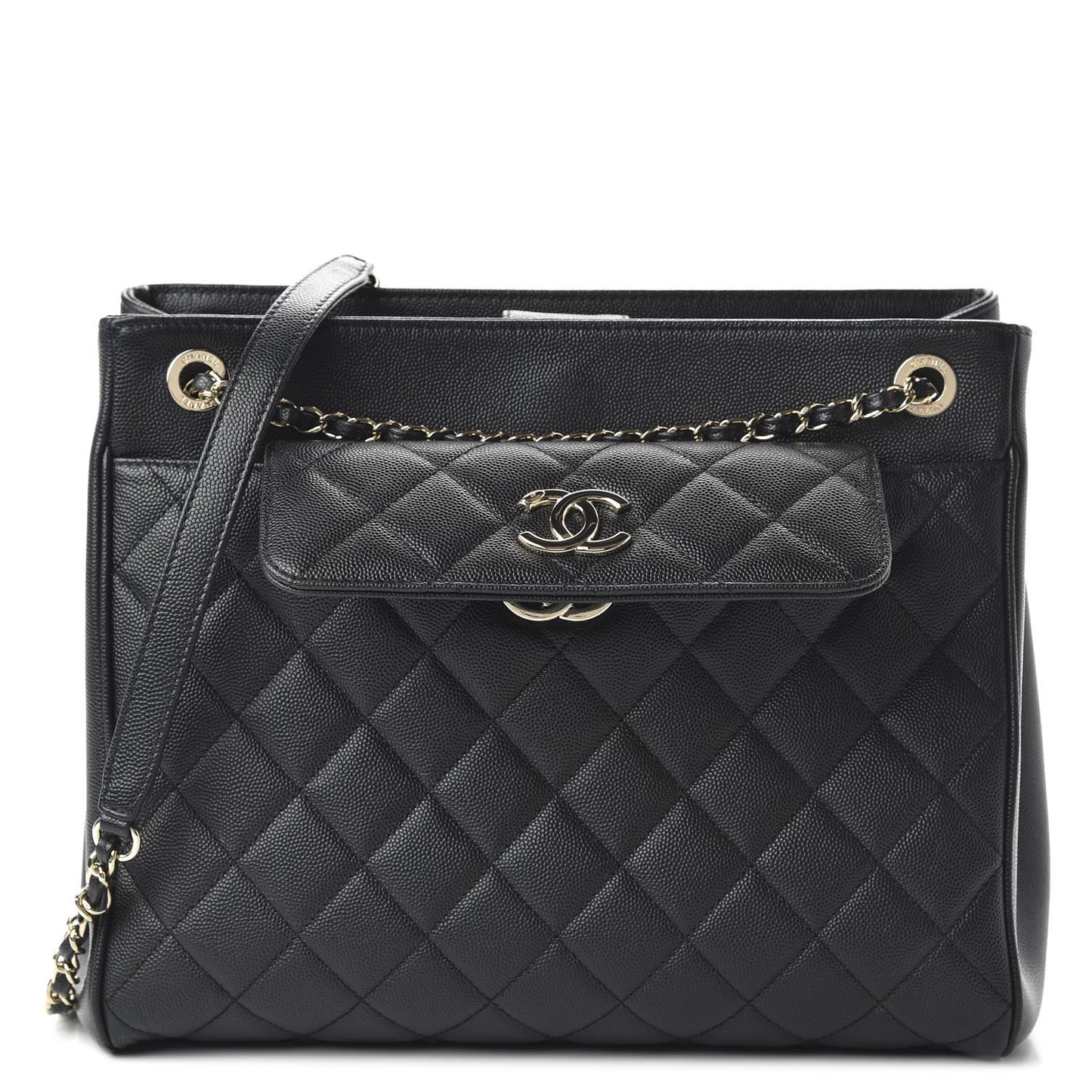 Caviar Quilted In Out Flap Shopping Tote Black