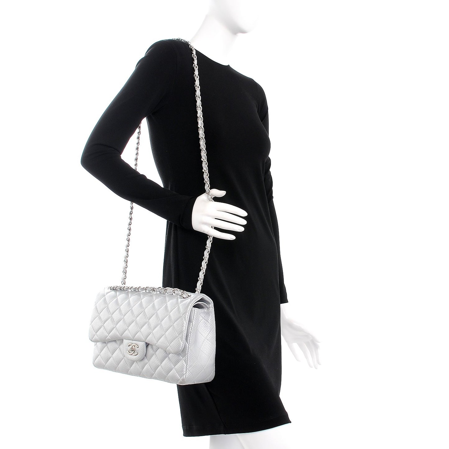 Metallic Perforated Lambskin Quilted Jumbo Double Flap Light Silver