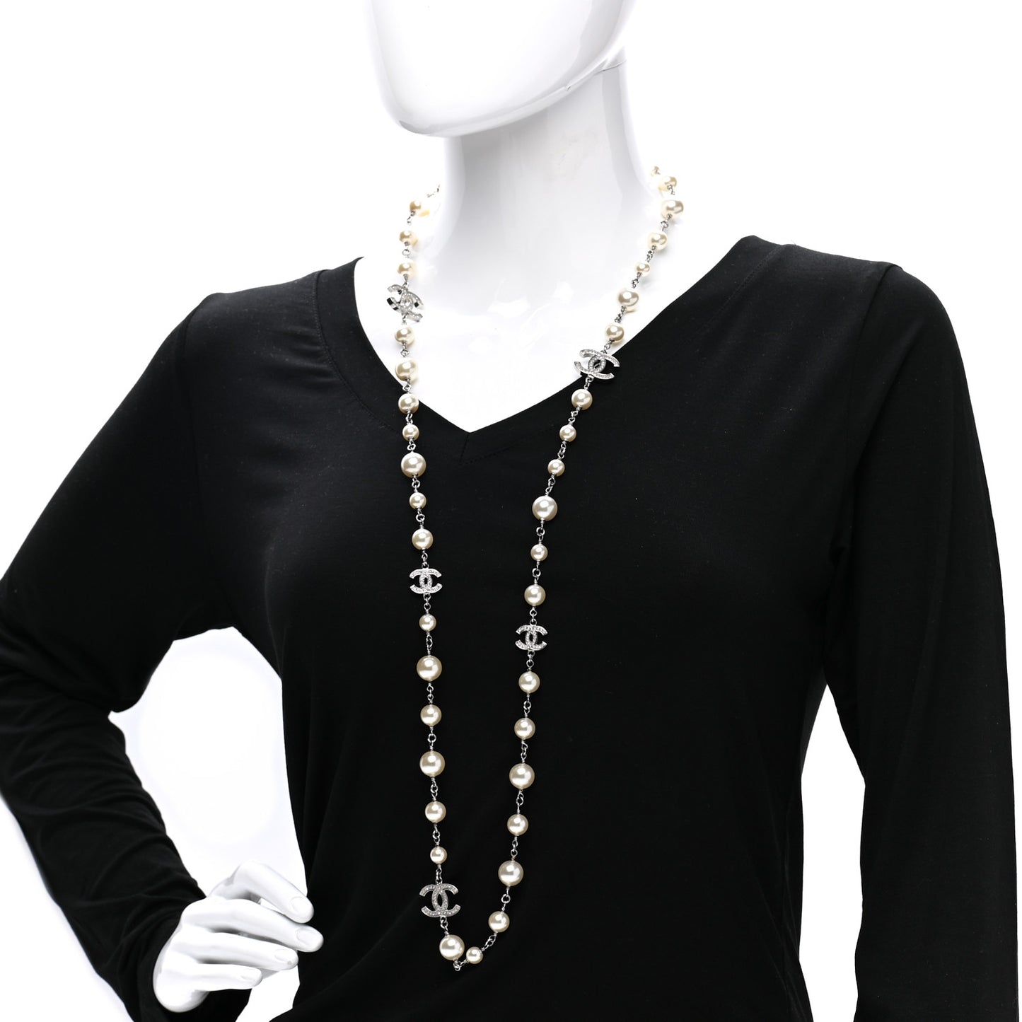 Graduated Pearl Crystal CC Long Necklace Silver