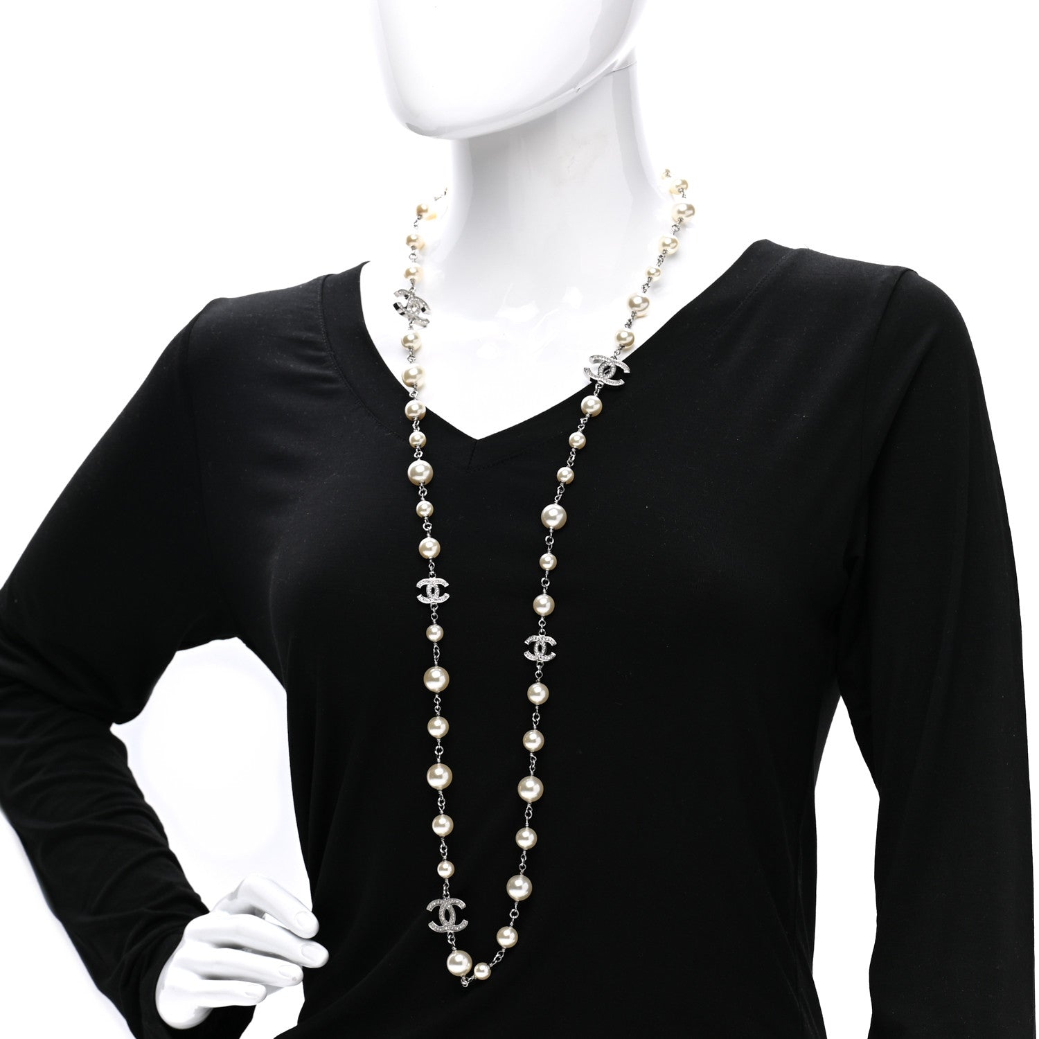 Chanel Graduated Pearl Crystal CC Long Necklace Silver 2 of 7