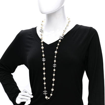 Chanel Graduated Pearl Crystal CC Long Necklace Silver 2 of 7
