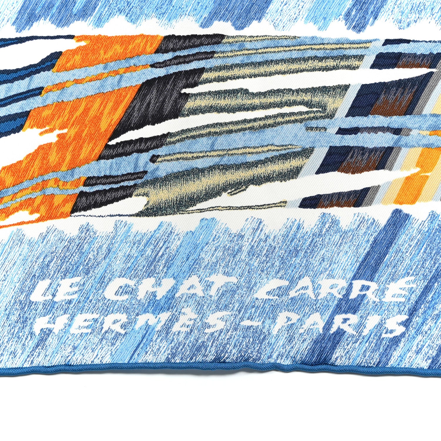 Hermes Silk Le Chat Carre Scarf 90 Bleu Caramel White 4 of 8