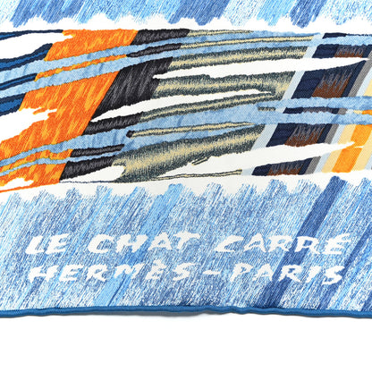 Hermes Silk Le Chat Carre Scarf 90 Bleu Caramel White 4 of 8