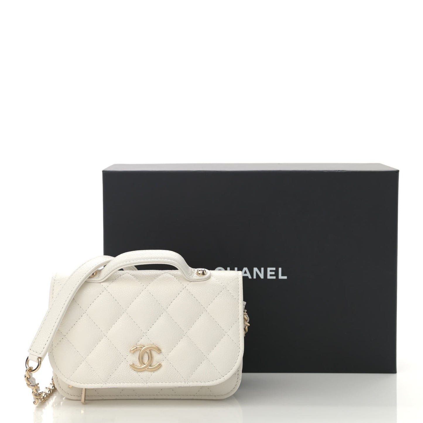 Caviar Quilted Business Affinity Clutch With Chain Flap White