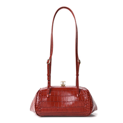 Chanel Calfskin Crocodile Embossed Pretty CC Clutch With Strap Burgundy 1 of 11