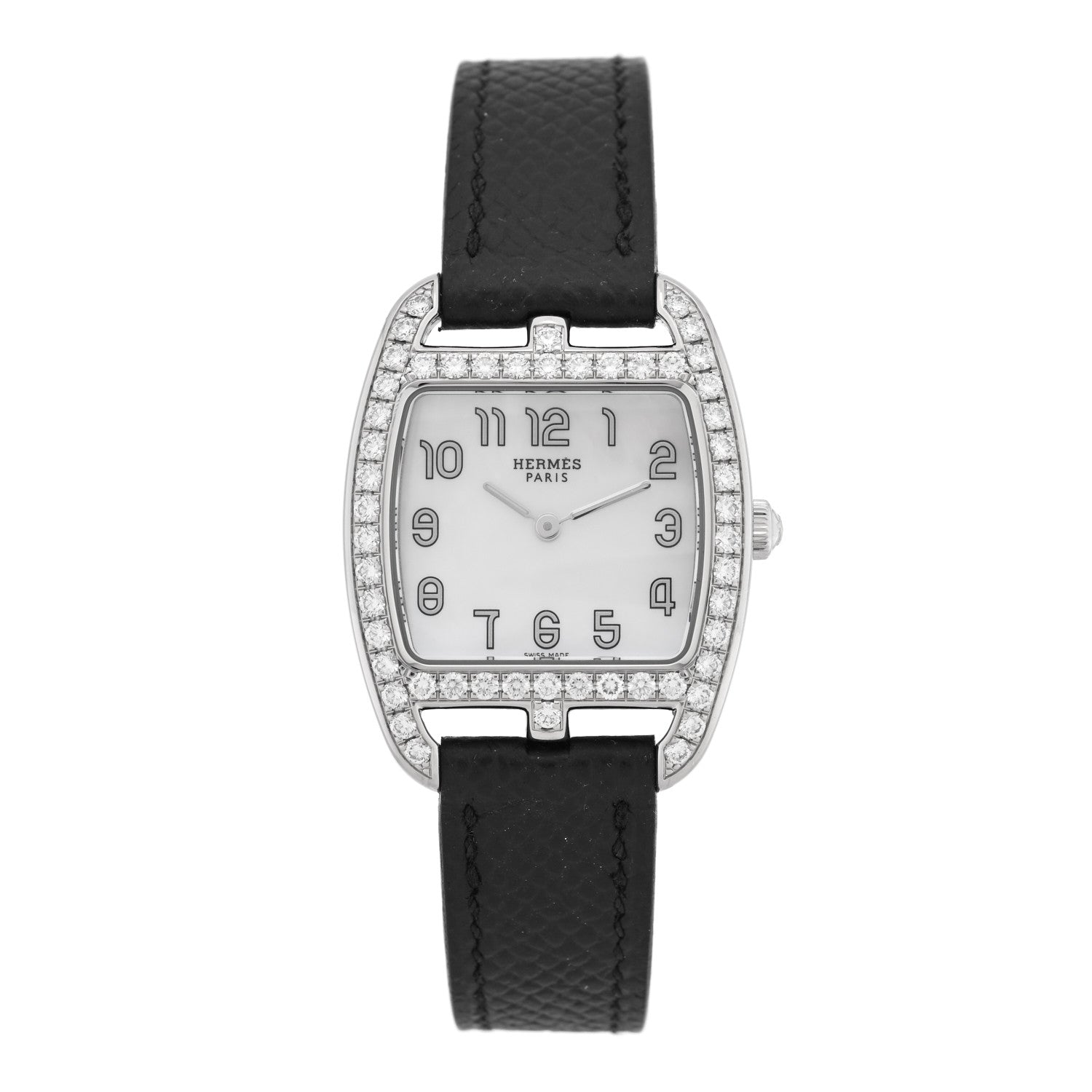 Hermes Stainless Steel Epsom Diamond Bezel Mother of Pearl 26mm Cape Cod Tonneau Quartz Watch Noir 1 of 4
