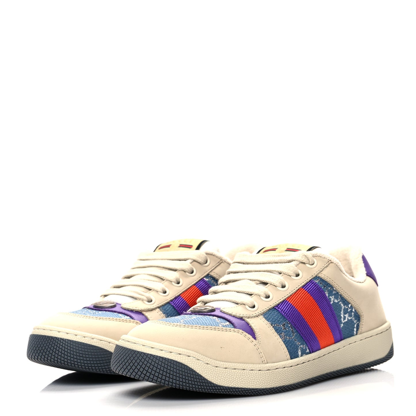 Calfskin Lame GG Monogram Web Womens Screener Sneakers 36 Blue Silver Dusty Milk Shine Purple