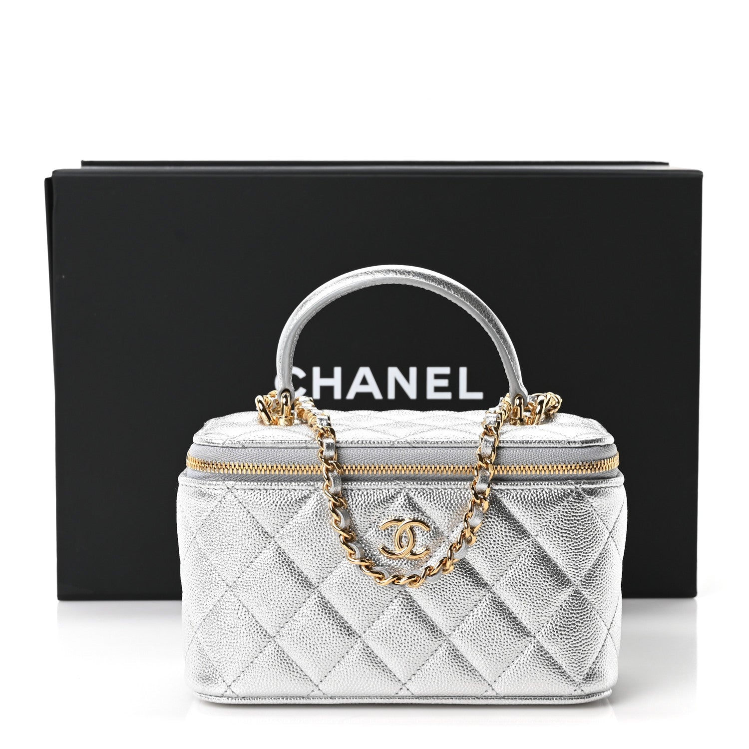 Chanel Metallic Caviar Quilted Top Handle Slim Vanity Case With Chain Silver 10 of 10