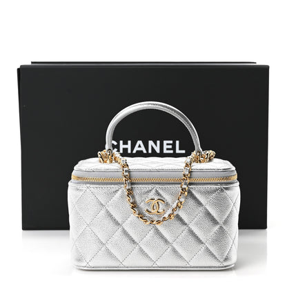 Chanel Metallic Caviar Quilted Top Handle Slim Vanity Case With Chain Silver 10 of 10