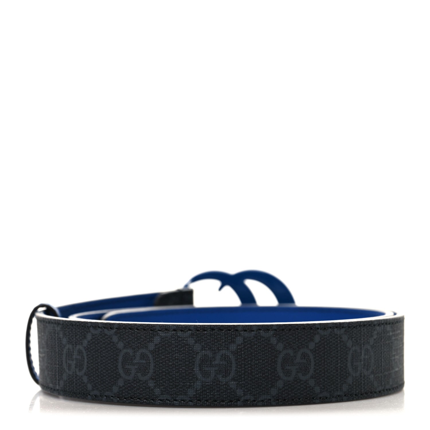 Gucci GG Supreme Monogram Plutone Calfskin Enamel Double G 30mm Belt 80 32 Black Metal Blue 2 of 5