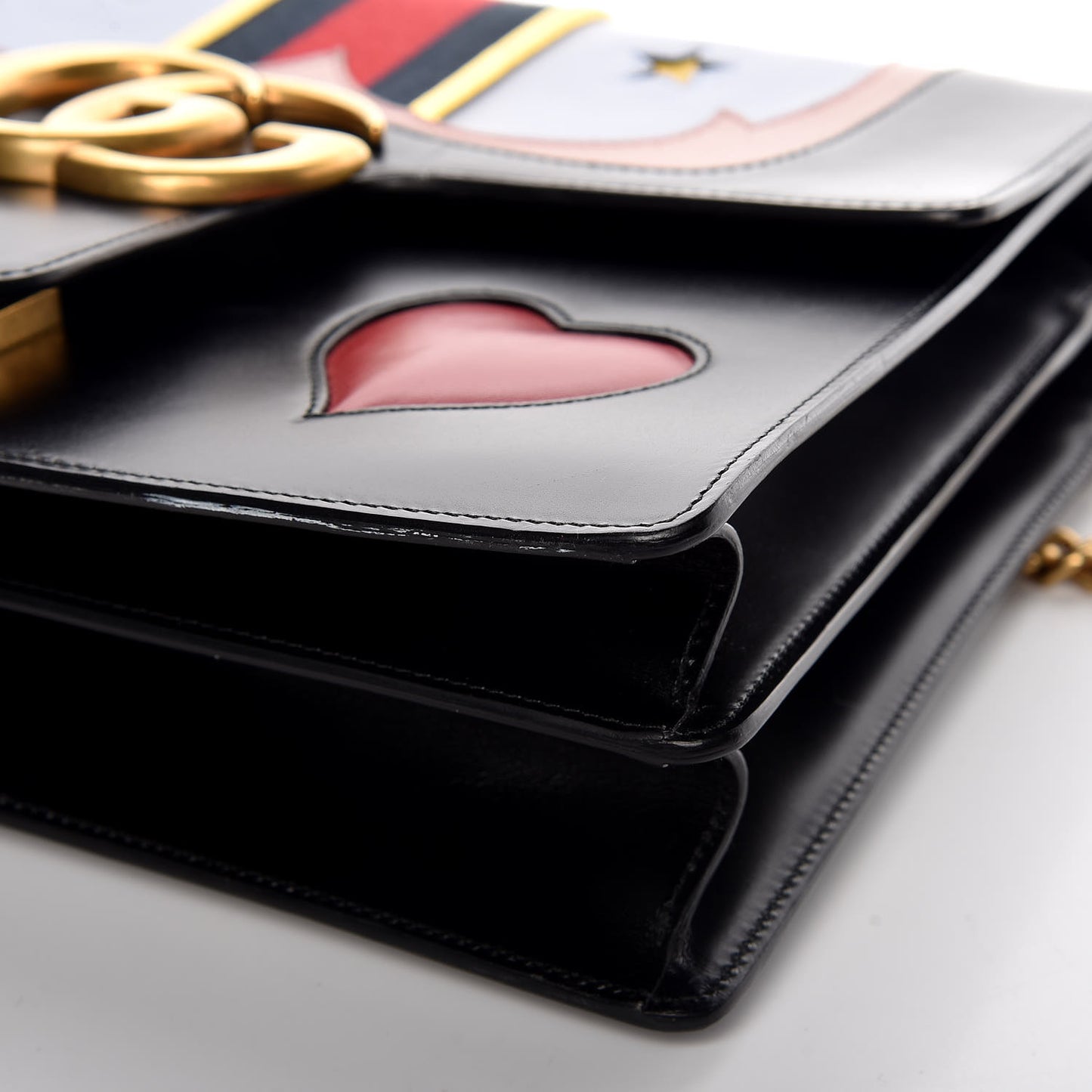 Calfskin Web Heart Medium GG Marmont Chain Handle Bag Black