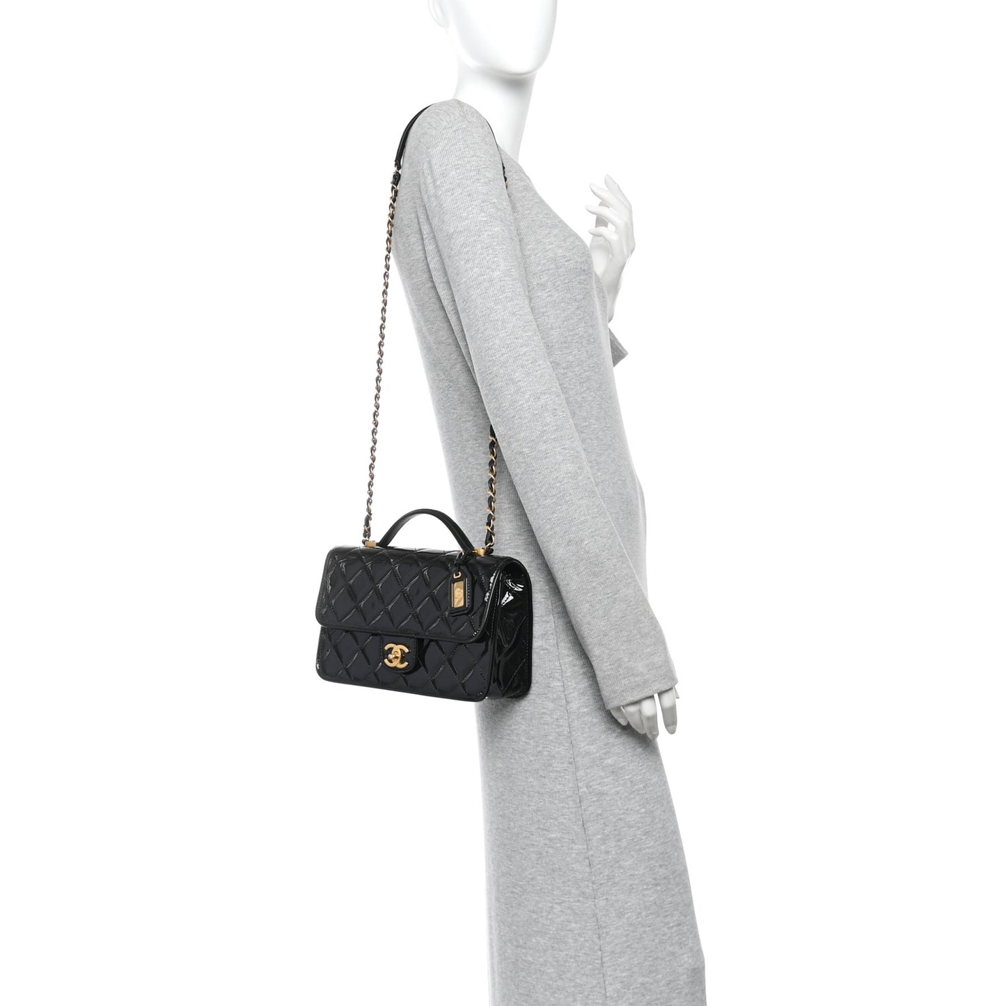 Patent Quilted Small School Memory Top Handle Flap Black