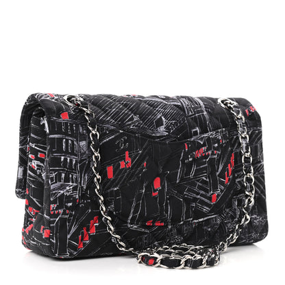 Chanel Fabric Printed Paris Rooftops Quilted Medium Double Flap Black Red White 3 of 9