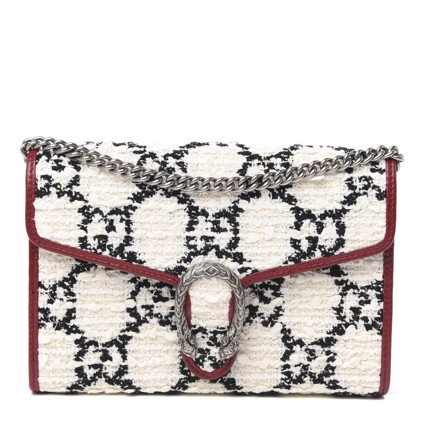 Tweed GG Monogram Mini Dionysus Chain Wallet White Black Romantic Cherry