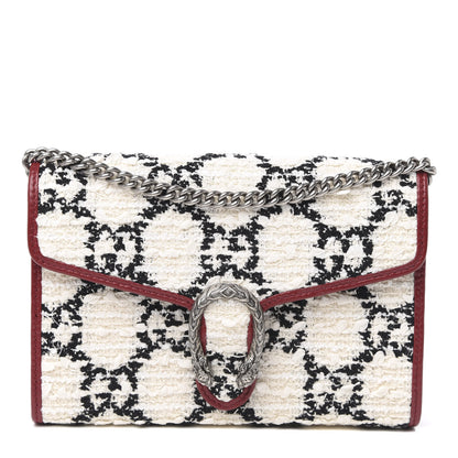 Gucci Tweed GG Monogram Mini Dionysus Chain Wallet White Black Romantic Cherry 1 of 10