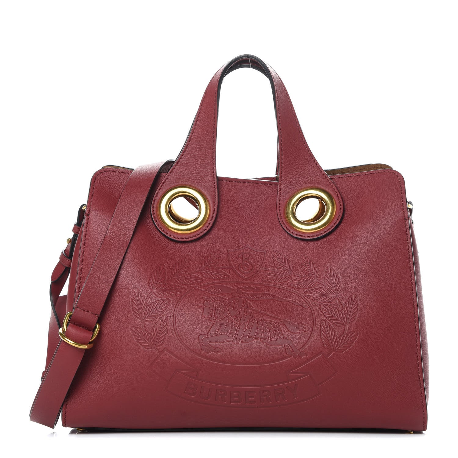 Burberry Smooth Calfskin Small Grommet Embossed Crest Bag Red 1 of 15