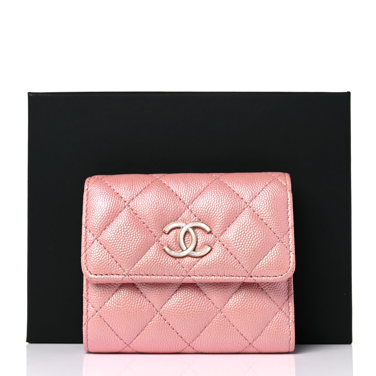 Iridescent Caviar Quilted Small Flap Wallet Rose Pink