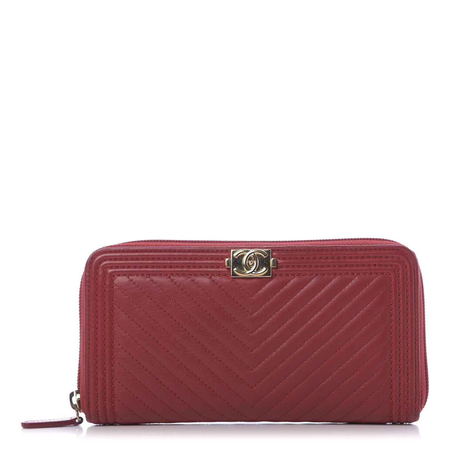Lambskin Chevron Quilted Zip Around Boy Wallet Red