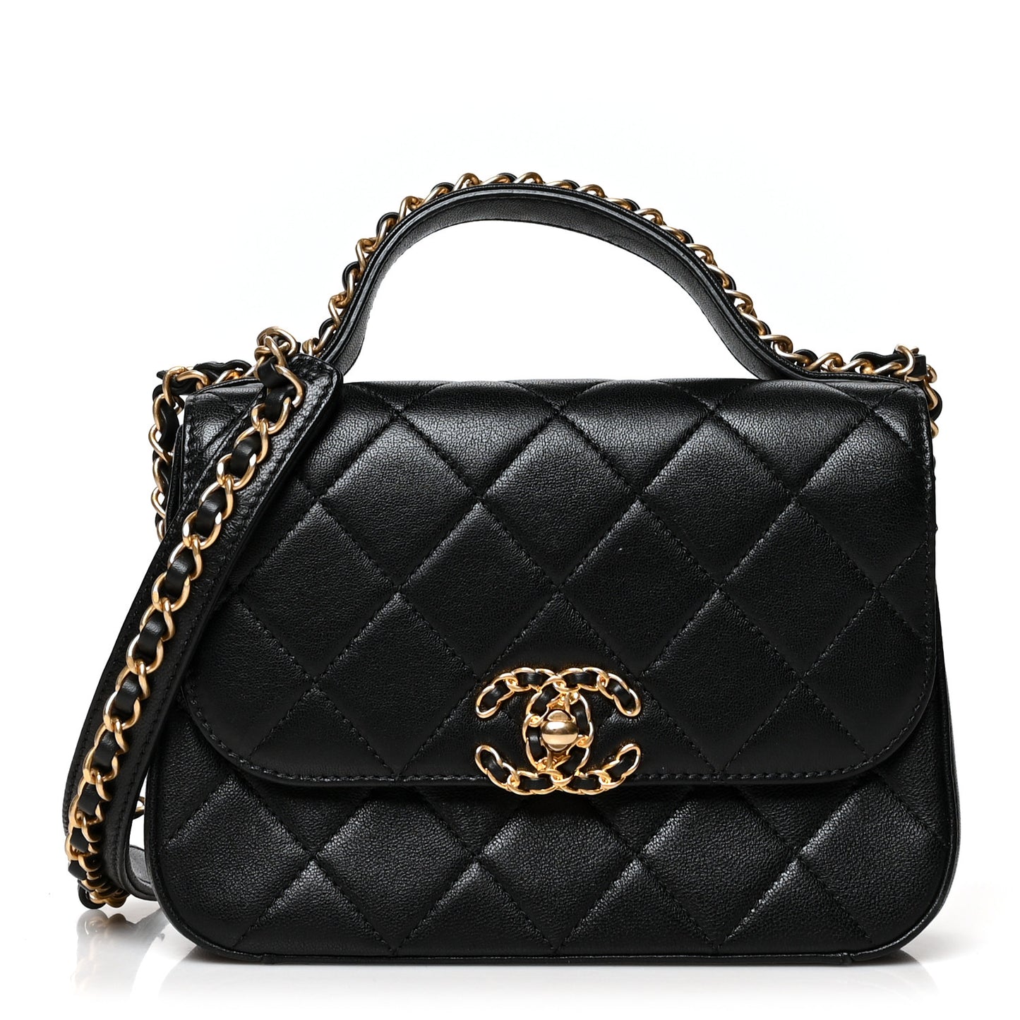 Lambskin Quilted Small Chain Infinity Top Handle Flap Black