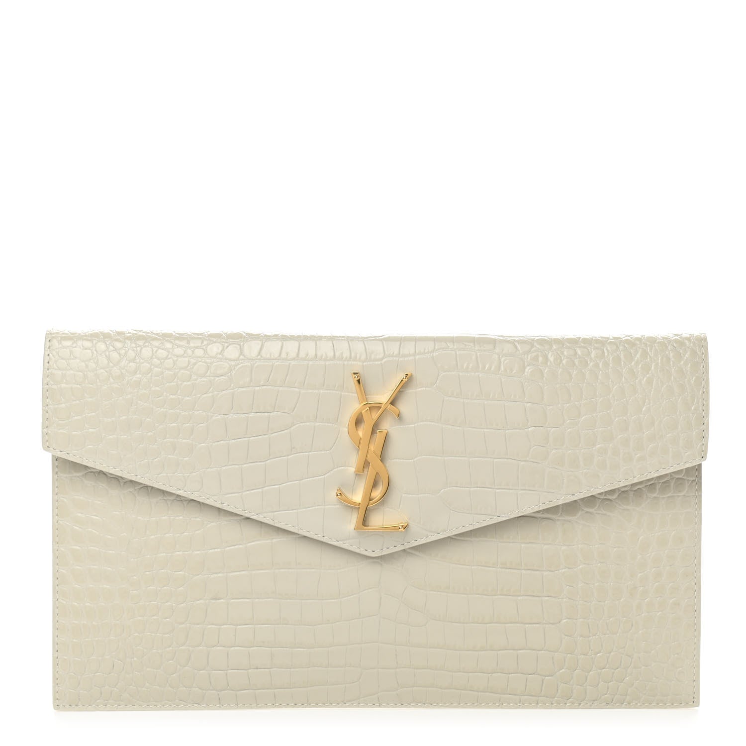 Saint Laurent Calfskin Crocodile Embossed Uptown Monogram Pouch Crema Soft 1 of 7