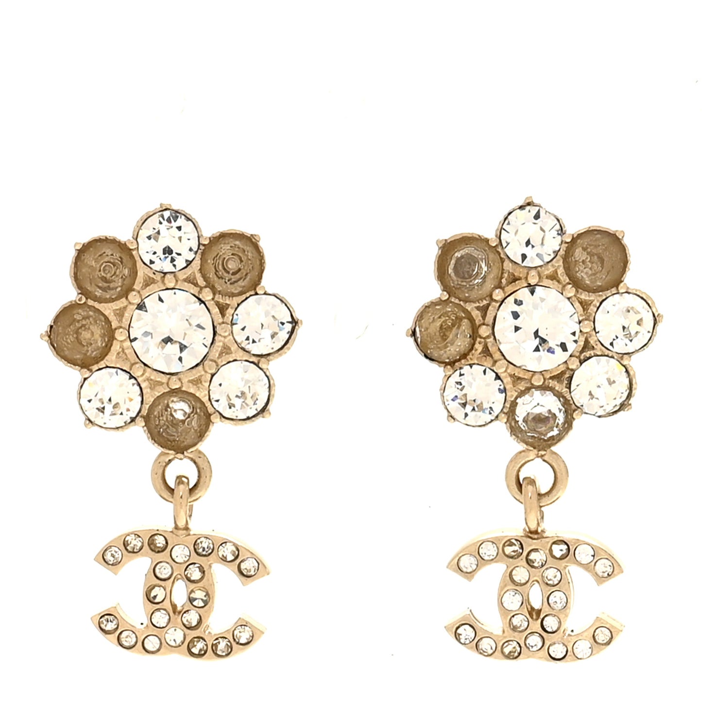 Crystal CC Flower Dangle Earrings Gold Beige
