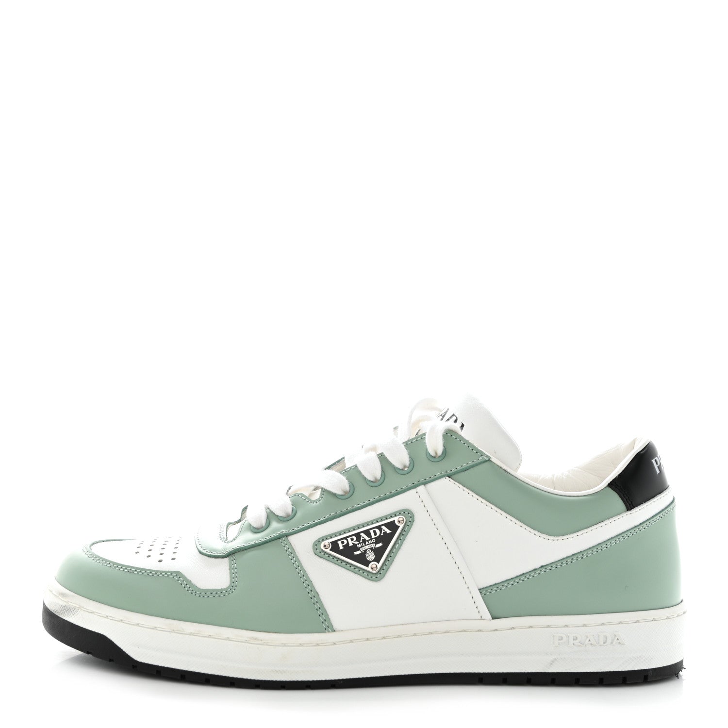 Prada Vitello Sport Spazzolato Rois Metal Triangle Logo Mens Downtown Low Top Sneakers 8.5 White Green 1 of 11