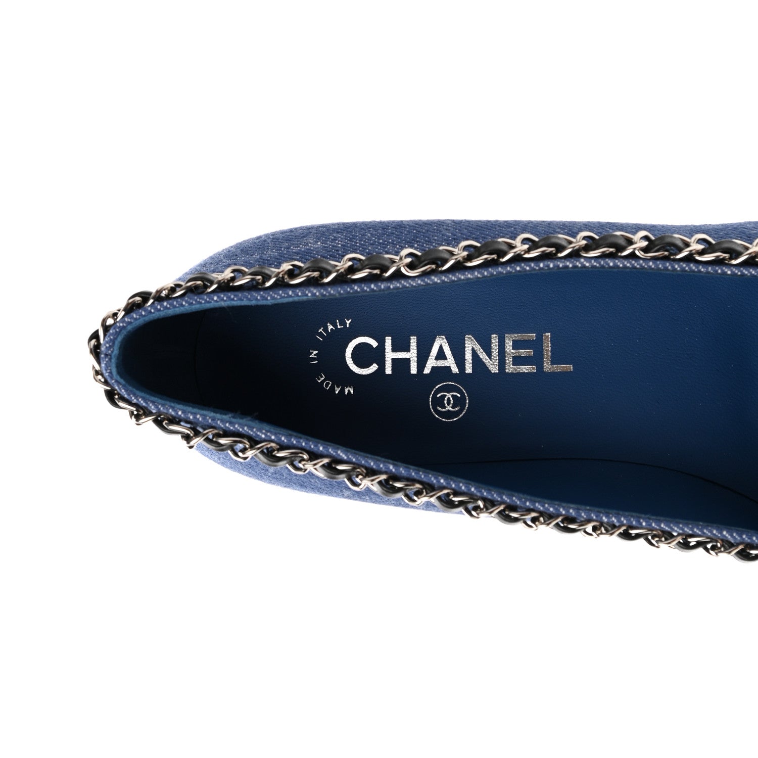 Chanel Denim Grosgrain Chain Cap Toe Pumps 38 Blue Black 7 of 10