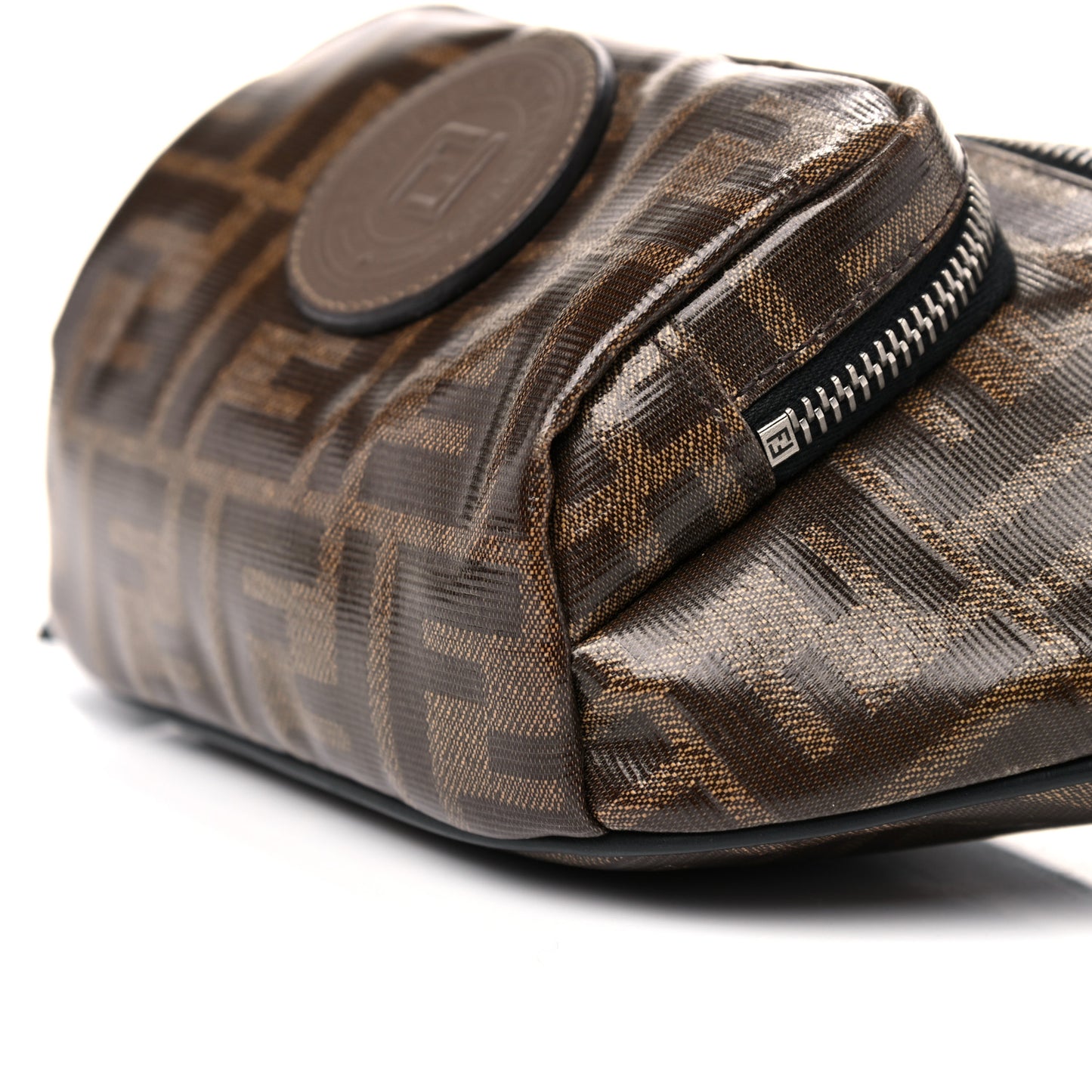 Glazed Fabric Vitello Century FF 1974 Stamp Patch Mens Pocket Belt Bag Mogano Panna Black