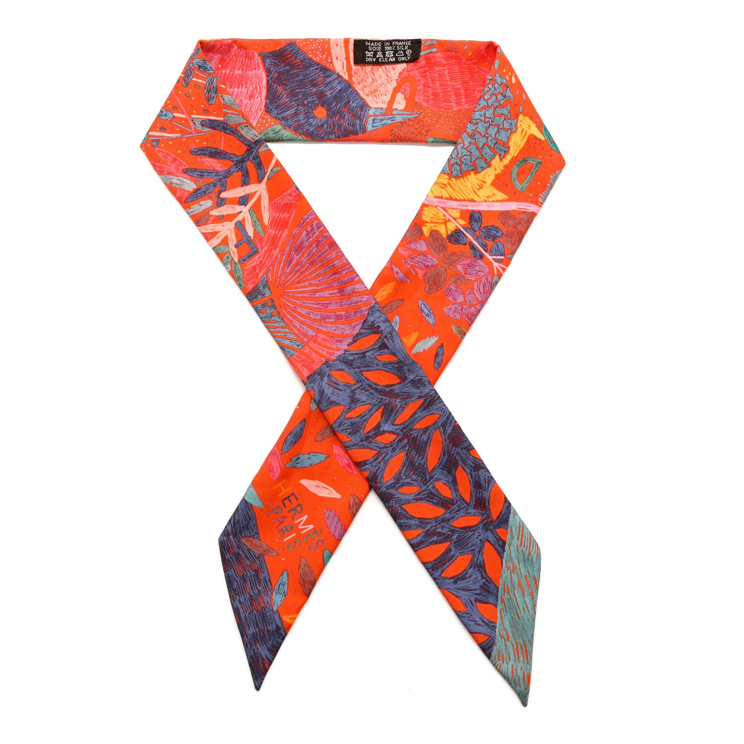 Hermes Silk Chacun Fait Son Nid Twilly Vermillon Bleu Jaune d'Or 1 of 4