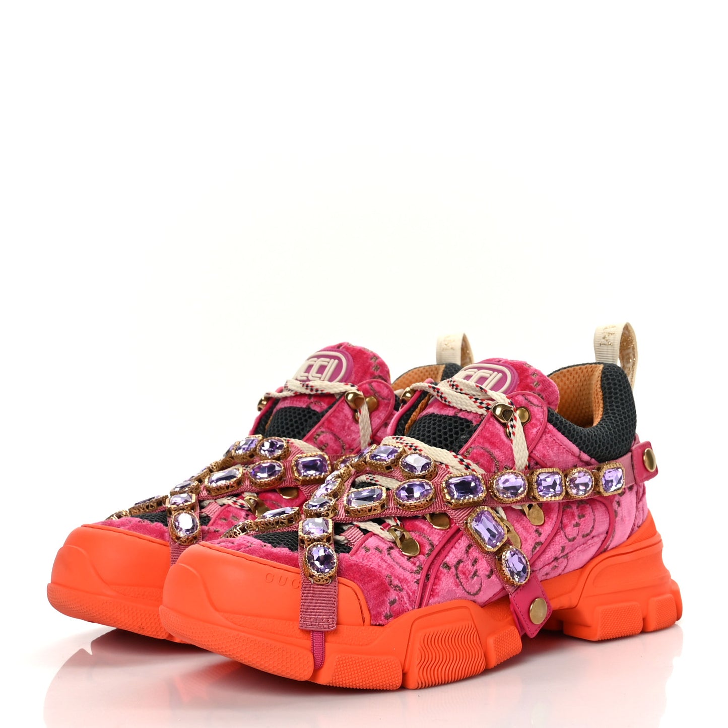 X SEGA Velvet GG Monogram Mesh Removable Crystals Womens Flashtrek Sneakers 40 Bright Pink Beige Mystic White