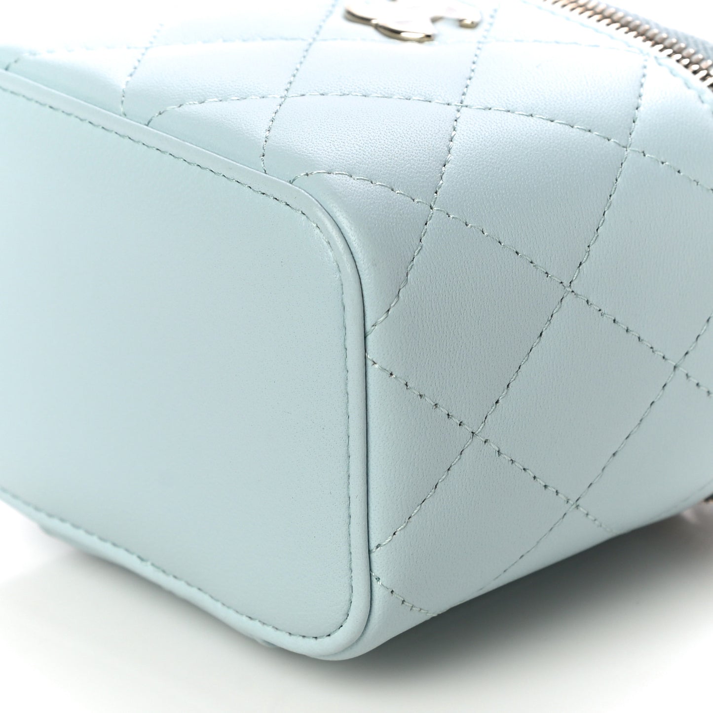Lambskin Quilted Top Handle Mini Vanity Case With Chain Light Blue